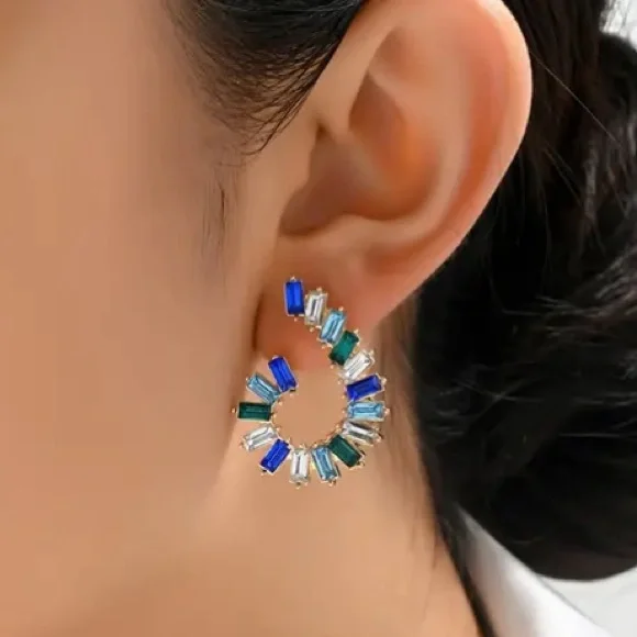 Swirl Blue Green Crystal Gold Toned Stud Earrings - Picture 2 of 3